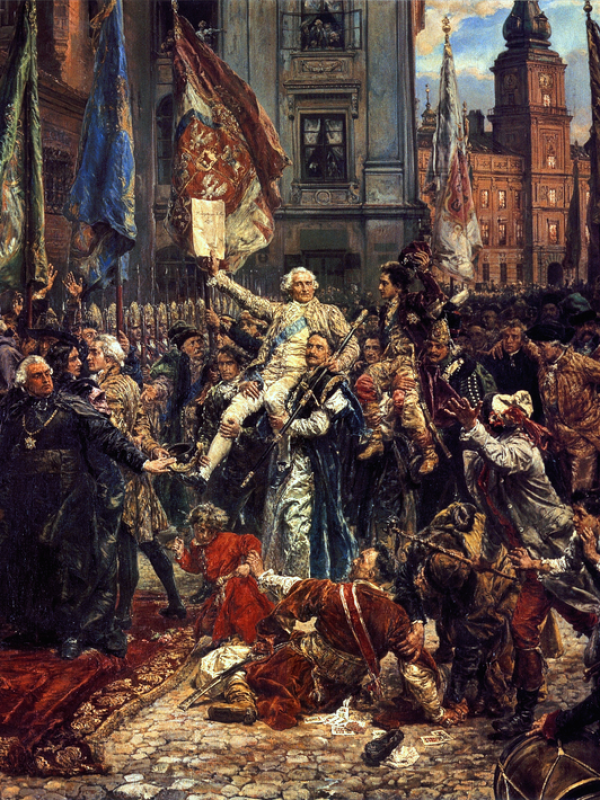 Płótno przedstawia pochód posłów z Zamku Królewskiego do kolegiaty św. Jana w celu ponownego zaprzysiężenia wraz z królem tekstu konstytucji uchwalonej 3 maja 1791 przez Sejm Czteroletni (1788–1792). Pochód podąża ulicą Świętojańską wśród rozentuzjazmowan