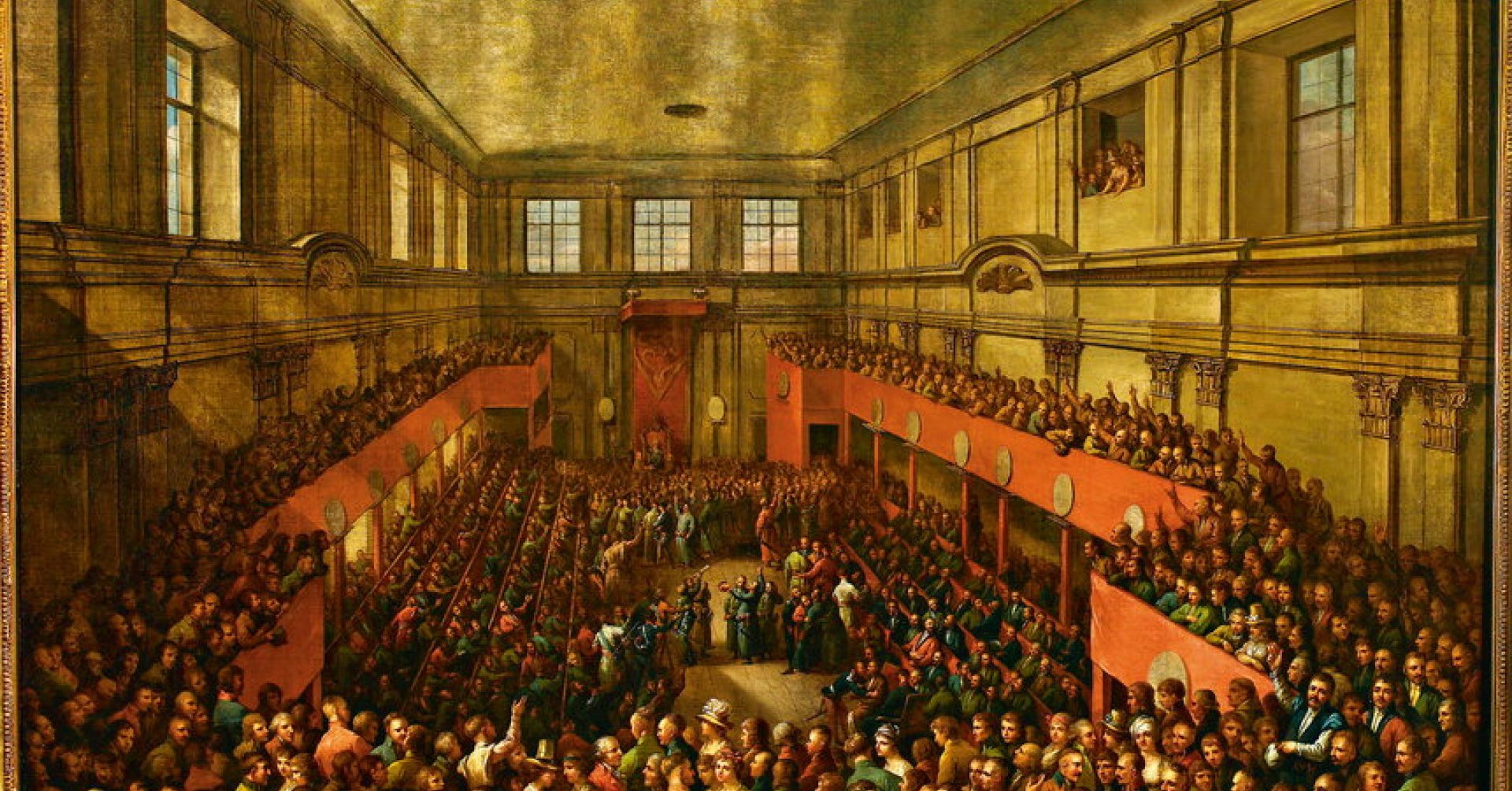 Obrady Sejmu Wielkiego, sala wypełniona obradującymi.