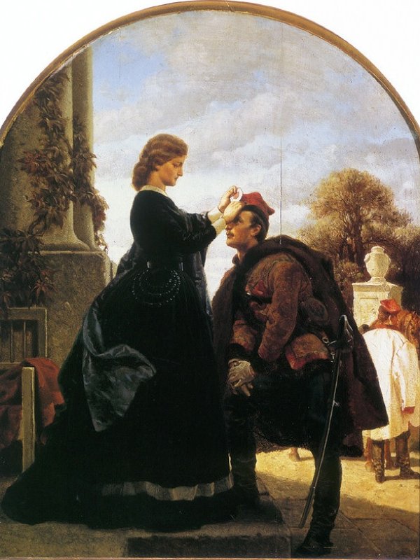 Kobieta przypina biało-czerwona kokardę do konfederatki powstańca z 1863 r.