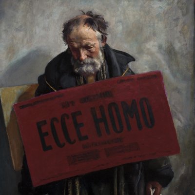 oil painting in shades of grey, bearded elderly man with bowed head, brown plaque around his neck with the inscription Ecce Homo