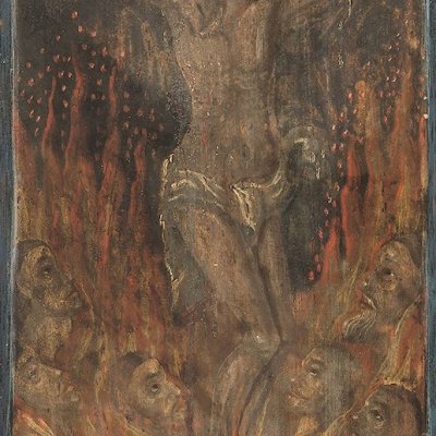 a photo, a fragment of a wooden farina, an image of Christ on the cross, figures on fire at his feet
