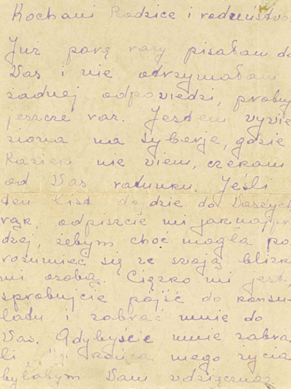List Zofii Młyńczak do teściów pisany z Syberii, gdzie została wywieziona w kwietniu 1940 r.