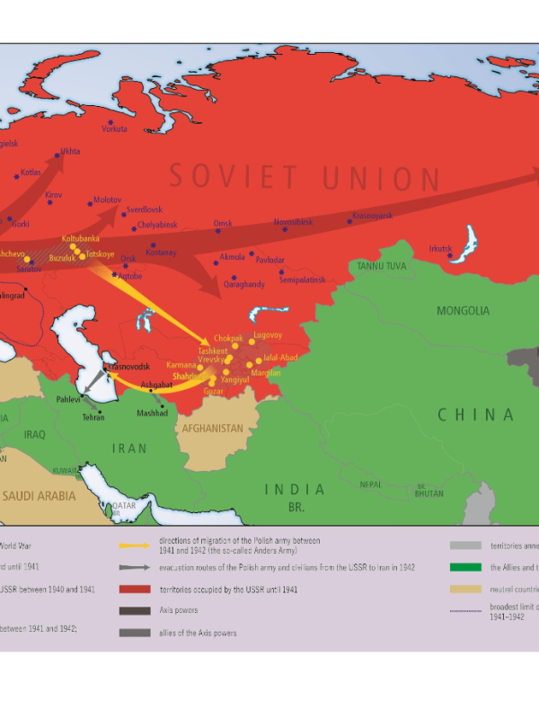 Mapa pokazująca kierunki deportacji Polaków do ZSRS w latach 1940-1941.