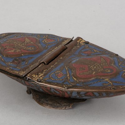 blue and red boat shaped enamel box with lids