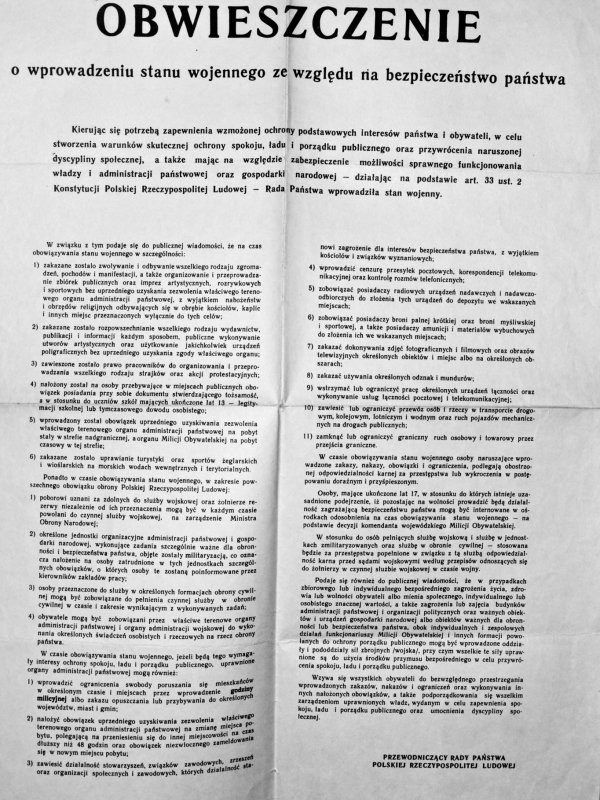 Obwieszczenie WRON o wprowadzeniu stanu wojennego