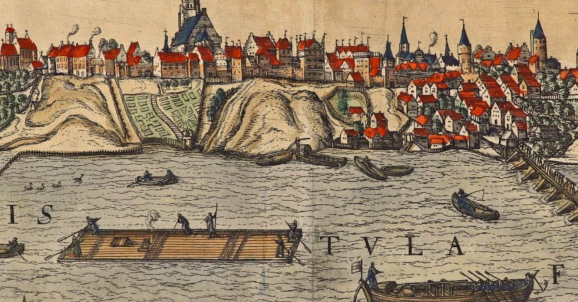 Fragment mapy siedemnastowiecznej Warszawy, na pierwszym planie Wisła.