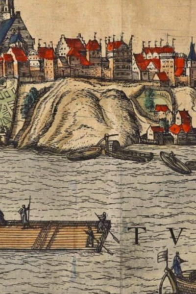 Fragment mapy siedemnastowiecznej Warszawy, na pierwszym planie Wisła.