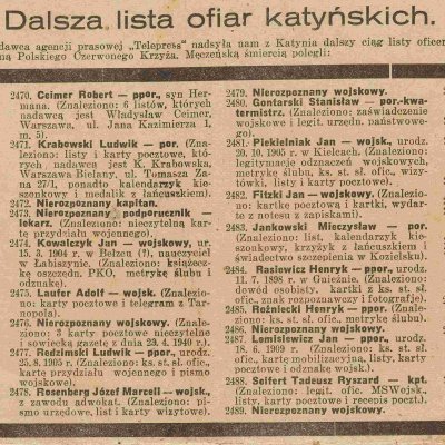 zdjęcie gazety, nazwiska zidentyfikowanych ofiar katyńskich