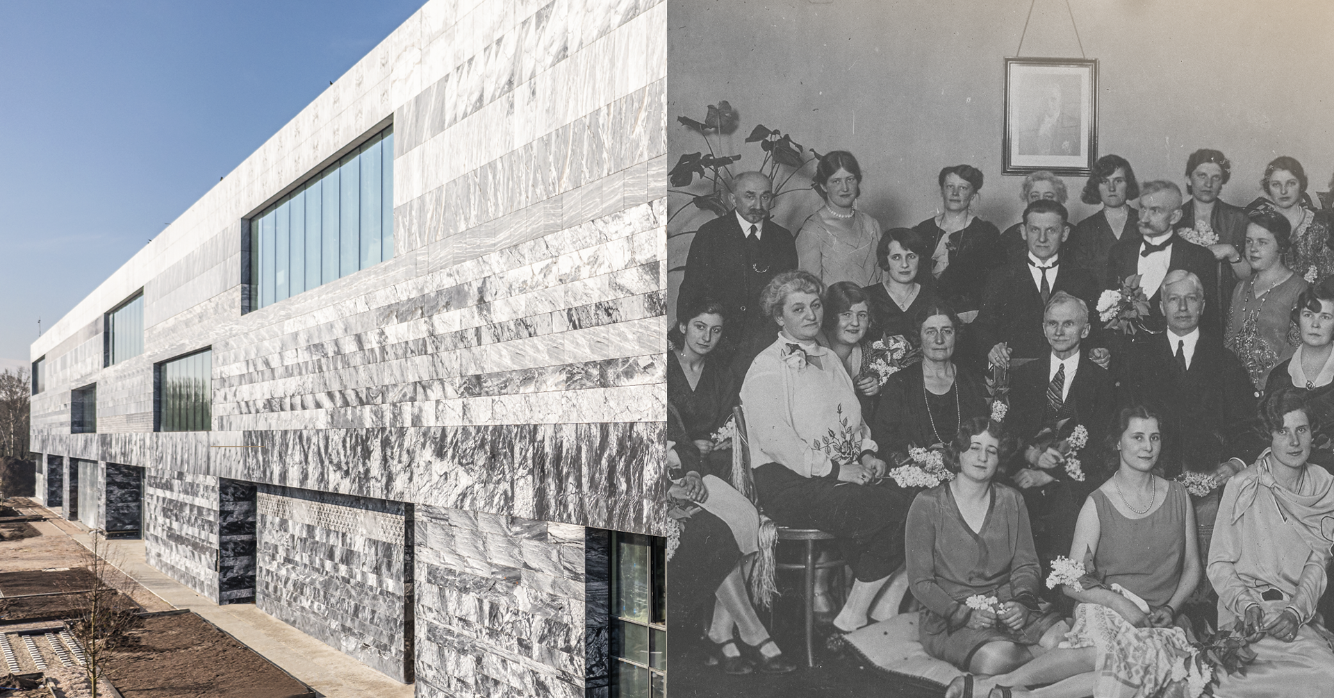 Kolaż ze zdjęć: budynek muzeum na warszawskiej Cytadeli  i archiwalne zdjęcie grupowe nauczycieli