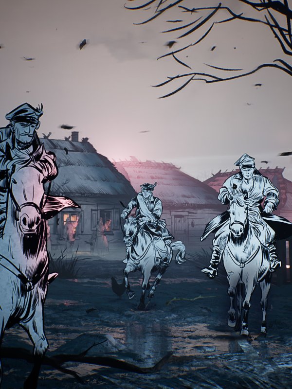 kadr z filmu, grafika powstańcy galopujący na koniach