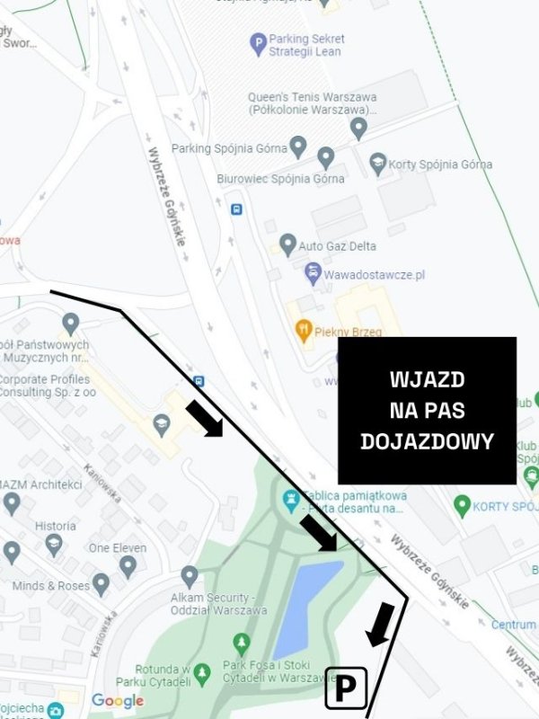 Mapa wjazdu na pas boczny prowadzący do Muzeum Historii Polski