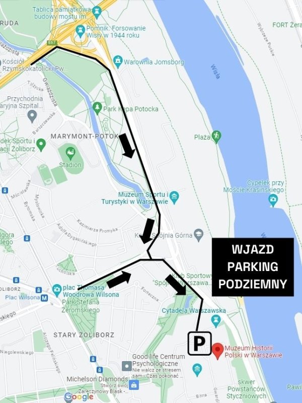 Mapa Dojazd z Wisłostrady / Wybrzeża Gdyńskiego (w stronę Centrum)