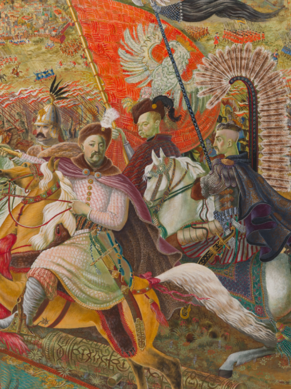 zdjęcie obrazu Jan III Sobieski na tle armii, flagi biało-czerwone