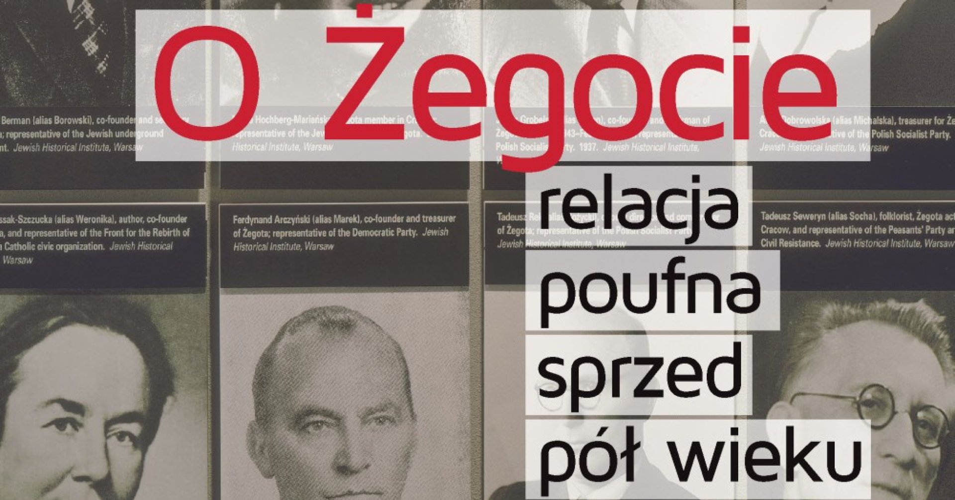 Fotografie mężczyzn i kobiet; liternictwo czarne, czerwone i białe