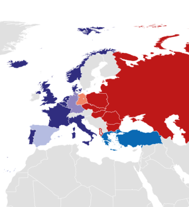 Mapa świata z zaznaczonymi państwa NATO i Układu Warszawskiego
