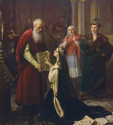 Królowa klęcząca przed starcem w czerwonych szatach; kobieta trzyma rękę na Biblii