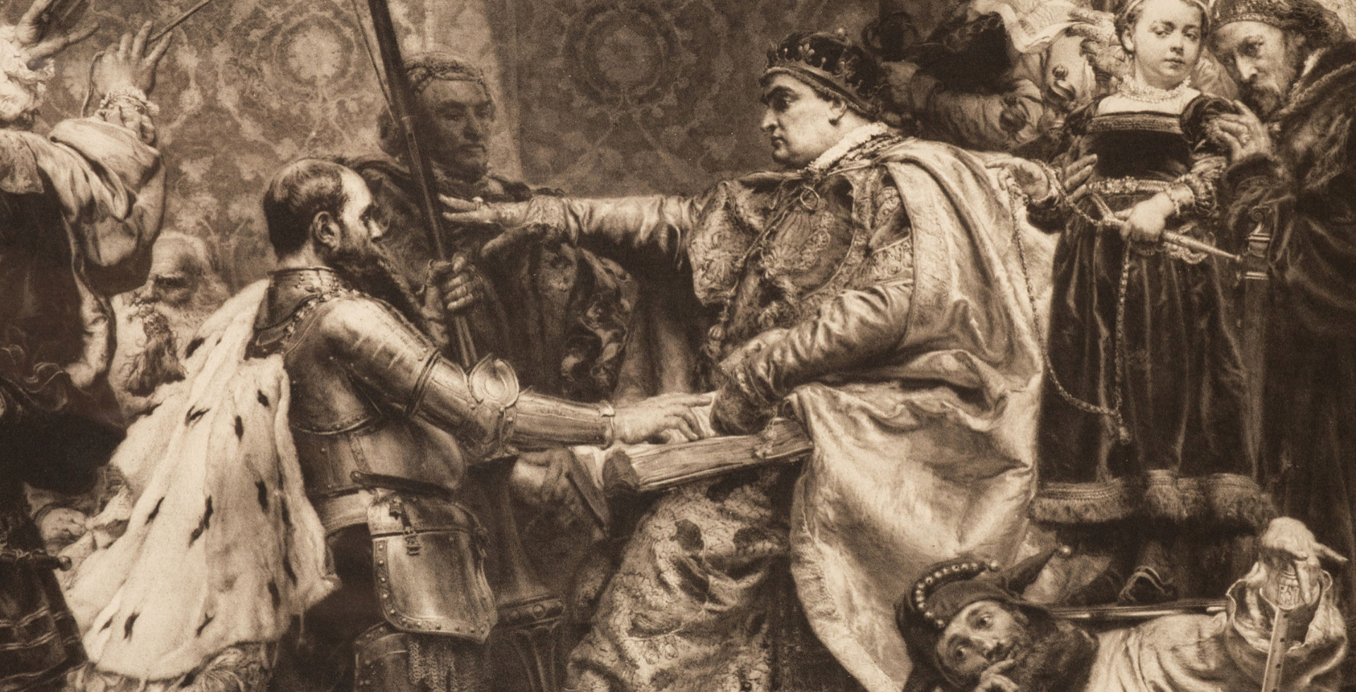 Fragment obrazu Jana Matejki Hołd pruski. W wersji czarnobiałej.