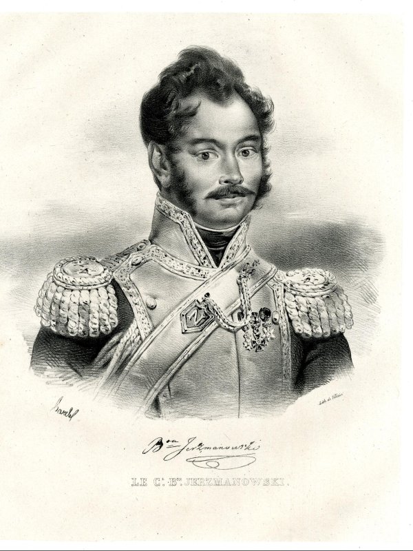 Portret młodego mężczyzny z bokobrodami i wąsami, w mundurze z epoletami. 