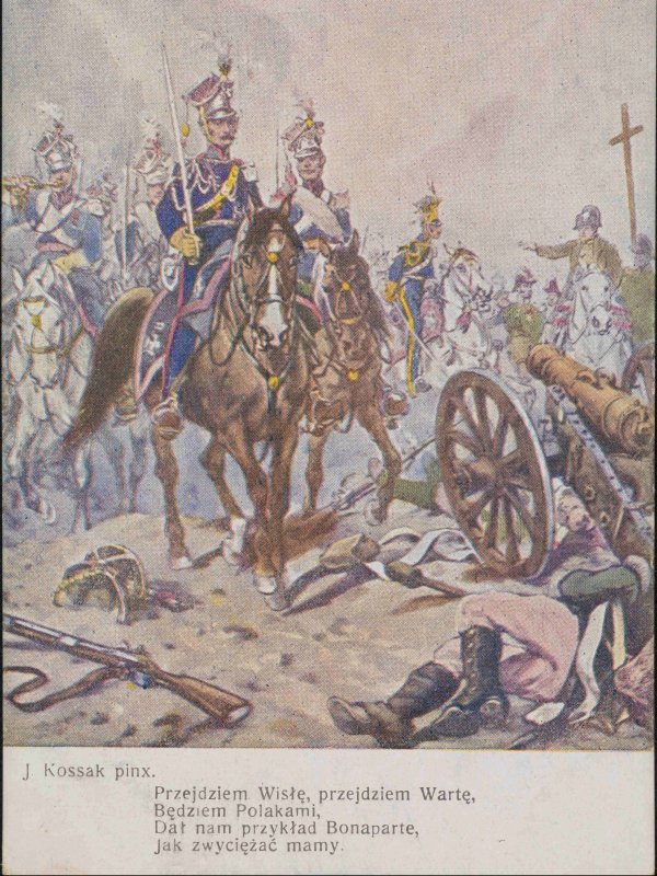 Pole bitwy. Na pierwszym planie dwaj legioniści na koniach.
