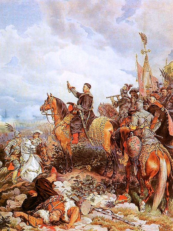 Król Jan Sobieski na koniu, z prawą ręką wzniesioną ku górze. Wokół żołnierze na koniach, w zbrojach i ze sztandarami.