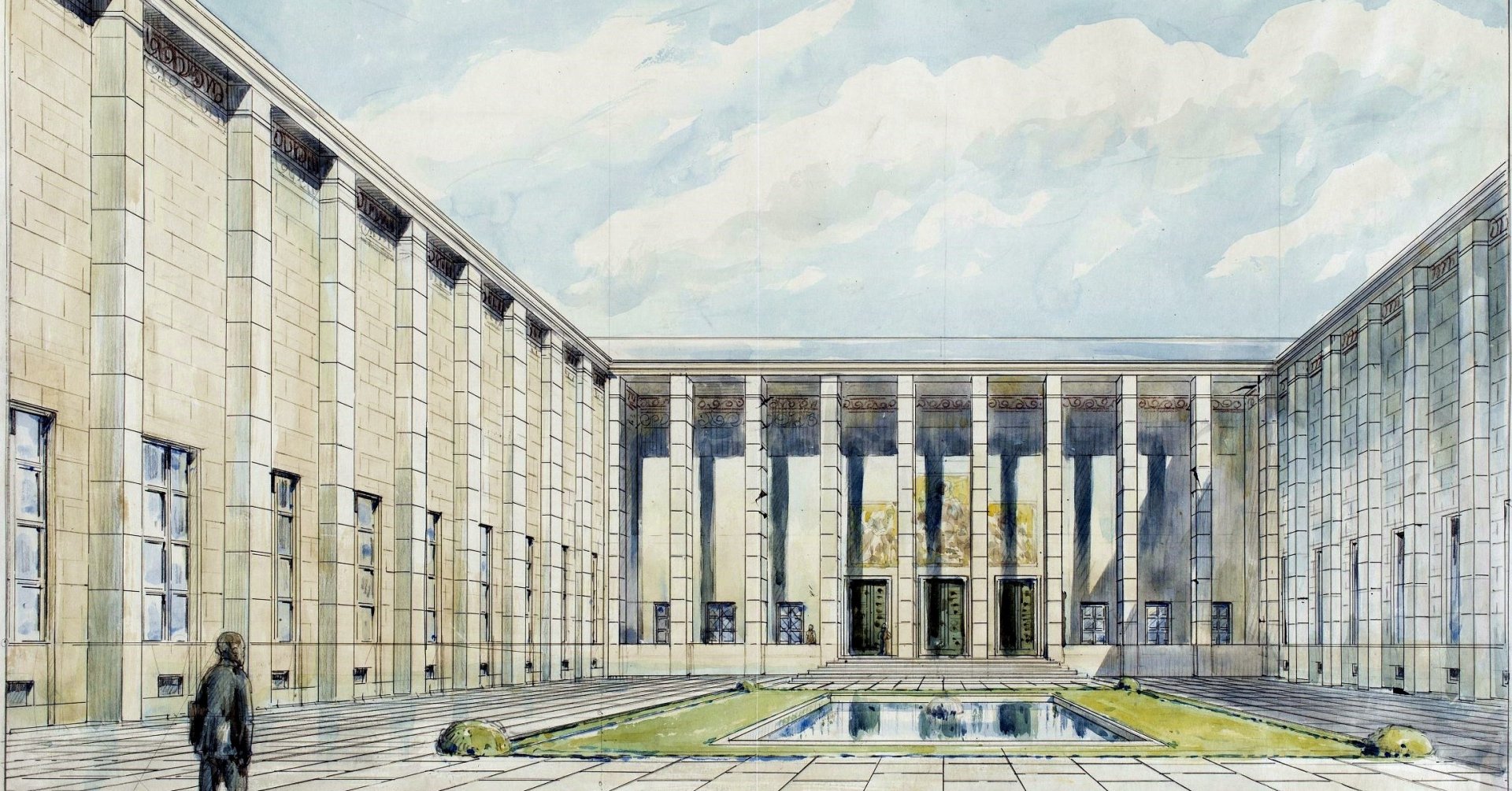 Rysunek przedstawia gmach Muzeum Narodowego z kolumnadą i dziedzińcem. Po lewej postać ludzka. 