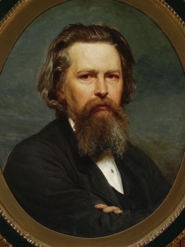 Portret Wojciecha Gersona - okrągła twarz, ciemne oczy, długa broda i wąsy, bujne włosy zaczesane do tyłu.
