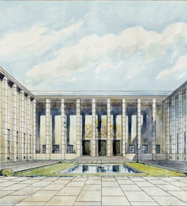 Rysunek przedstawia gmach Muzeum Narodowego z kolumnadą i dziedzińcem. Po lewej postać ludzka. 