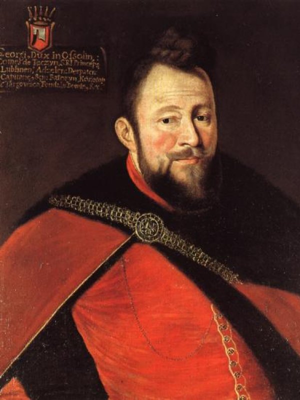Obraz przedstawia magnata Jerzego Ossolińskiego o dużej, rumianej twarzy, ciemnych oczach, z ciemną brodą, z czubem ciemnych włosów.