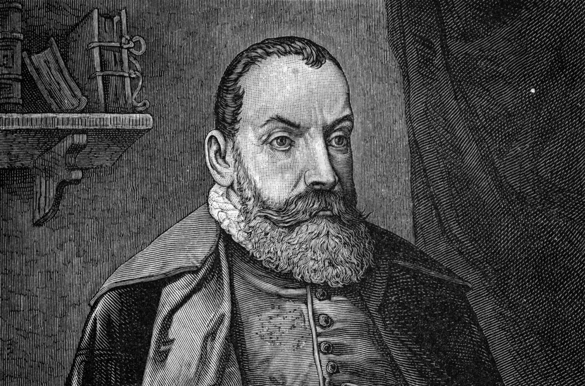 Mężczyzna z brodą, w szatach z kołnierzem z białą kryzą i płaszczu, trzyma w ręku zwój papieru