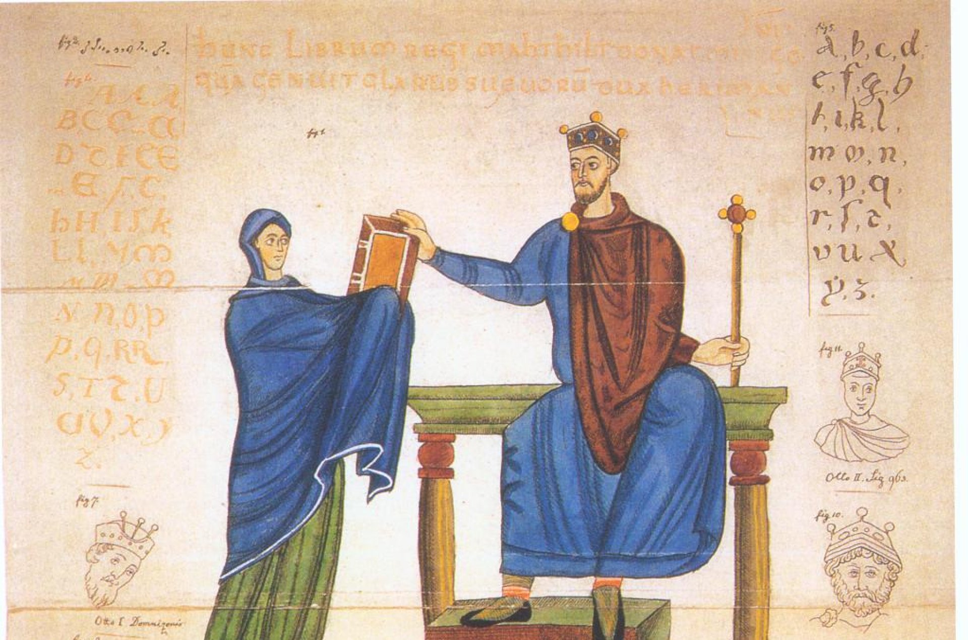 Kolorowa rycina przedstawiająca siedzącego na tronie króla w koronie, niebieskich szatach w czerwonobrązowym płaszczu, odbierającego księgę z rąk stojącej obok kobiety  w zielonych szatach i niebiskim płaszczu