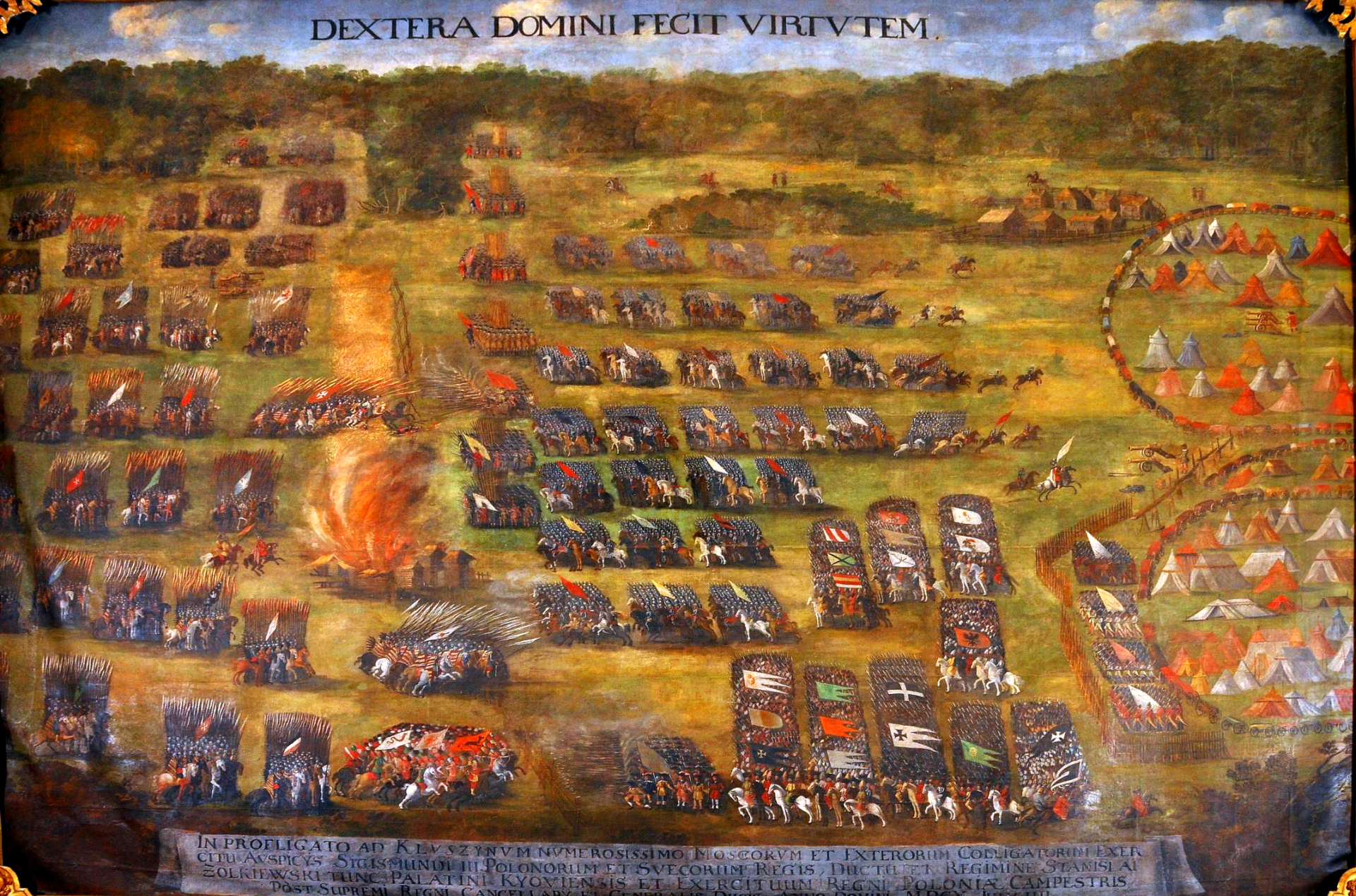 Widok pola bitwy z wojskiem w szyku czworoboków