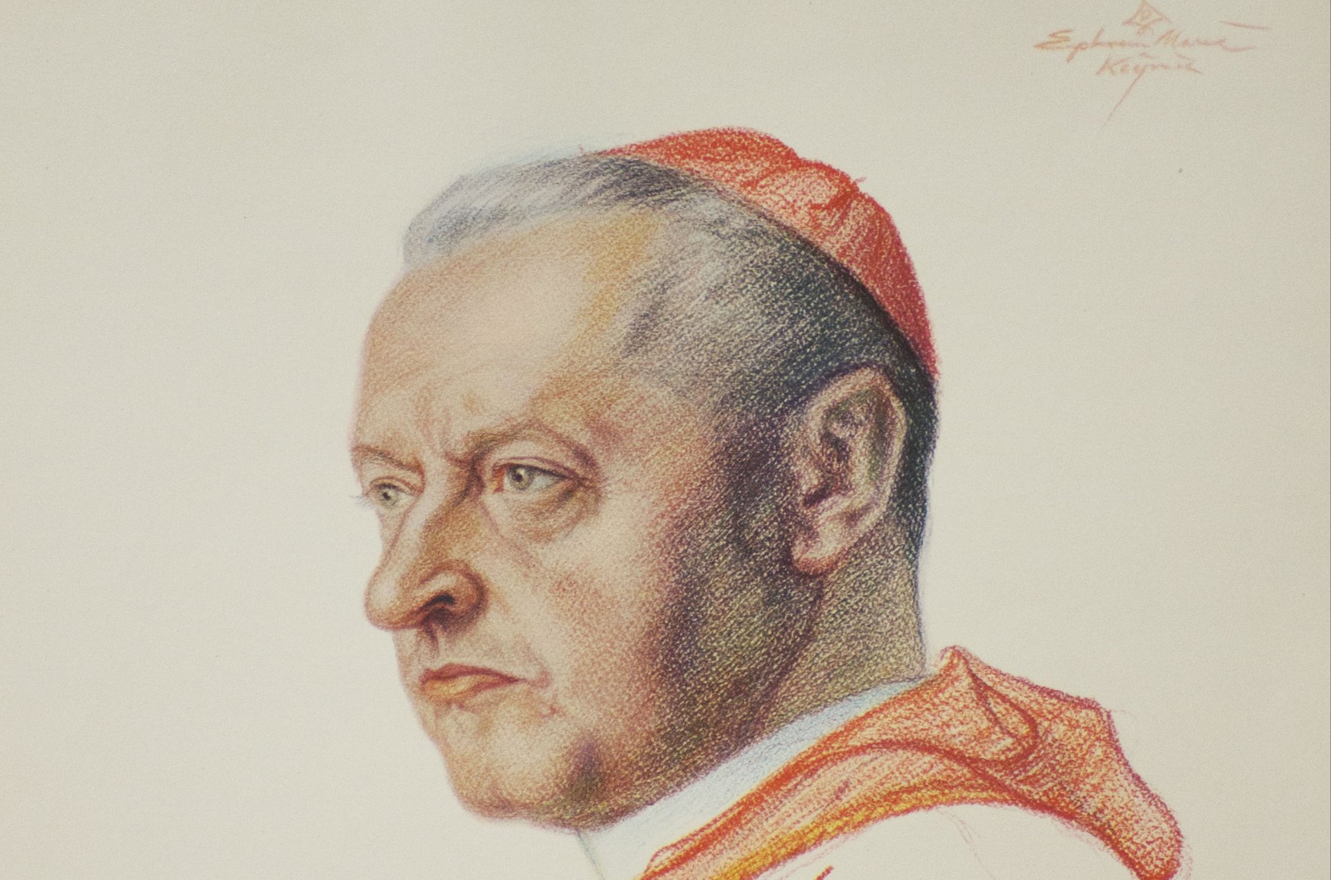 Kolorowy rysunek przedstawiający siwego mężczyznę w czerownej piusce