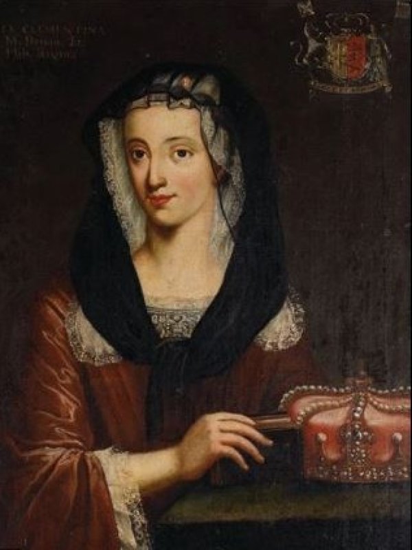 Obraz przedstawia Marię Klementynę Sobieską - młodą, piękną kobietę o dużych, ciemnych oczach. Maria ma na głowie biały czepiec i czarną chustę.