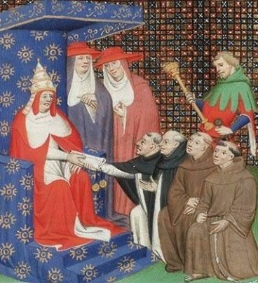 Ilustracja przedstawia papieża w czerwonych szatach, siedzącego na niebieskim tronie. U stóp papieża klęczy czterech mnichów.  Jednemu z nich papież podaje list zwinięty w rulon.