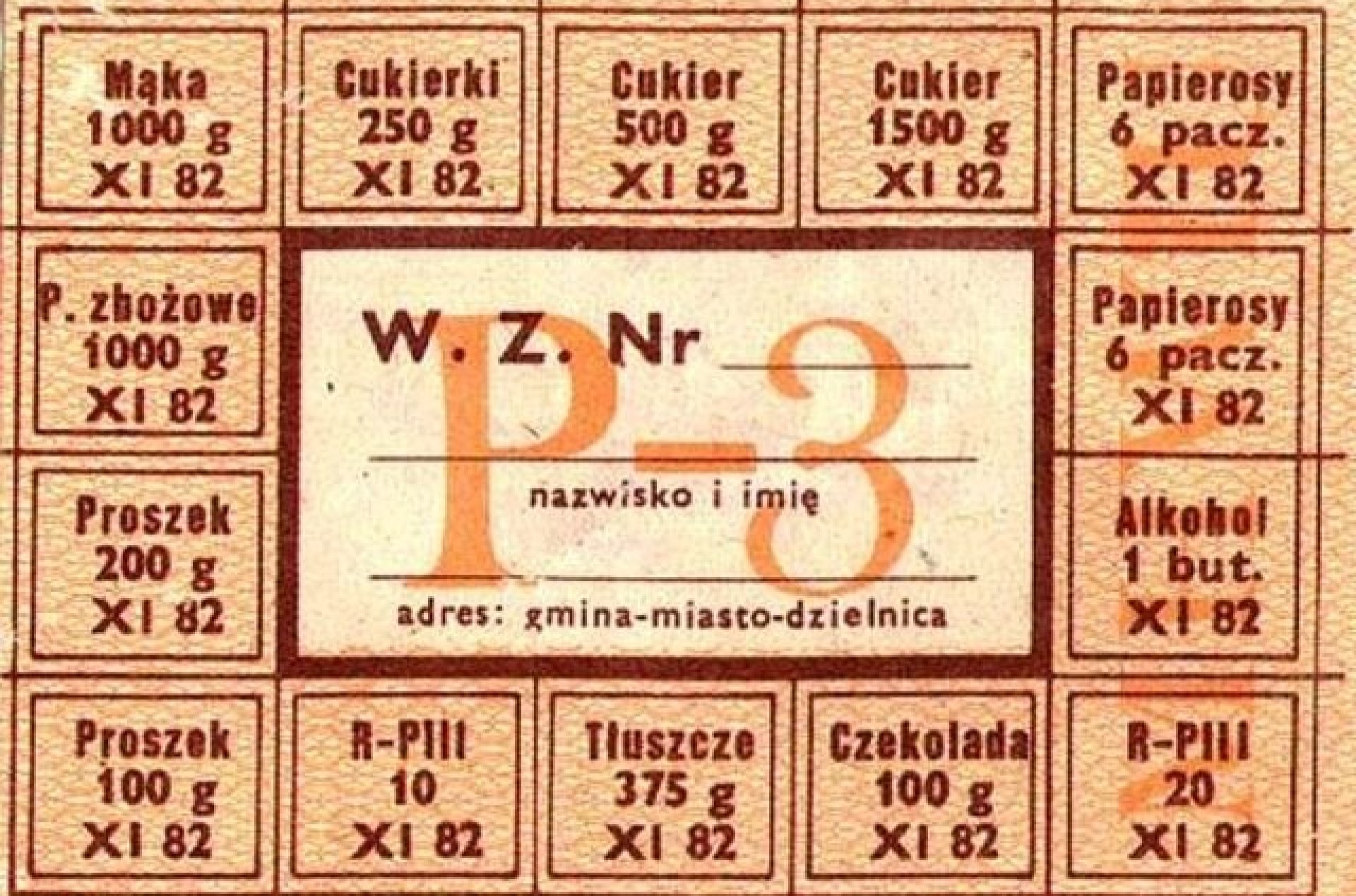 Kartka podzielona na 14 kwadracików z nazwami produktów spożywczych.