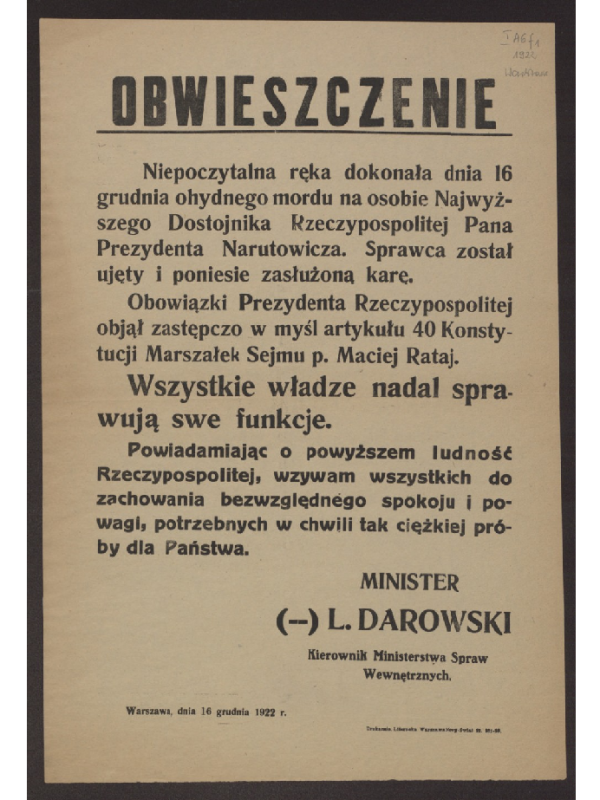 Druk obwieszczenia na pożółkłym papierze/