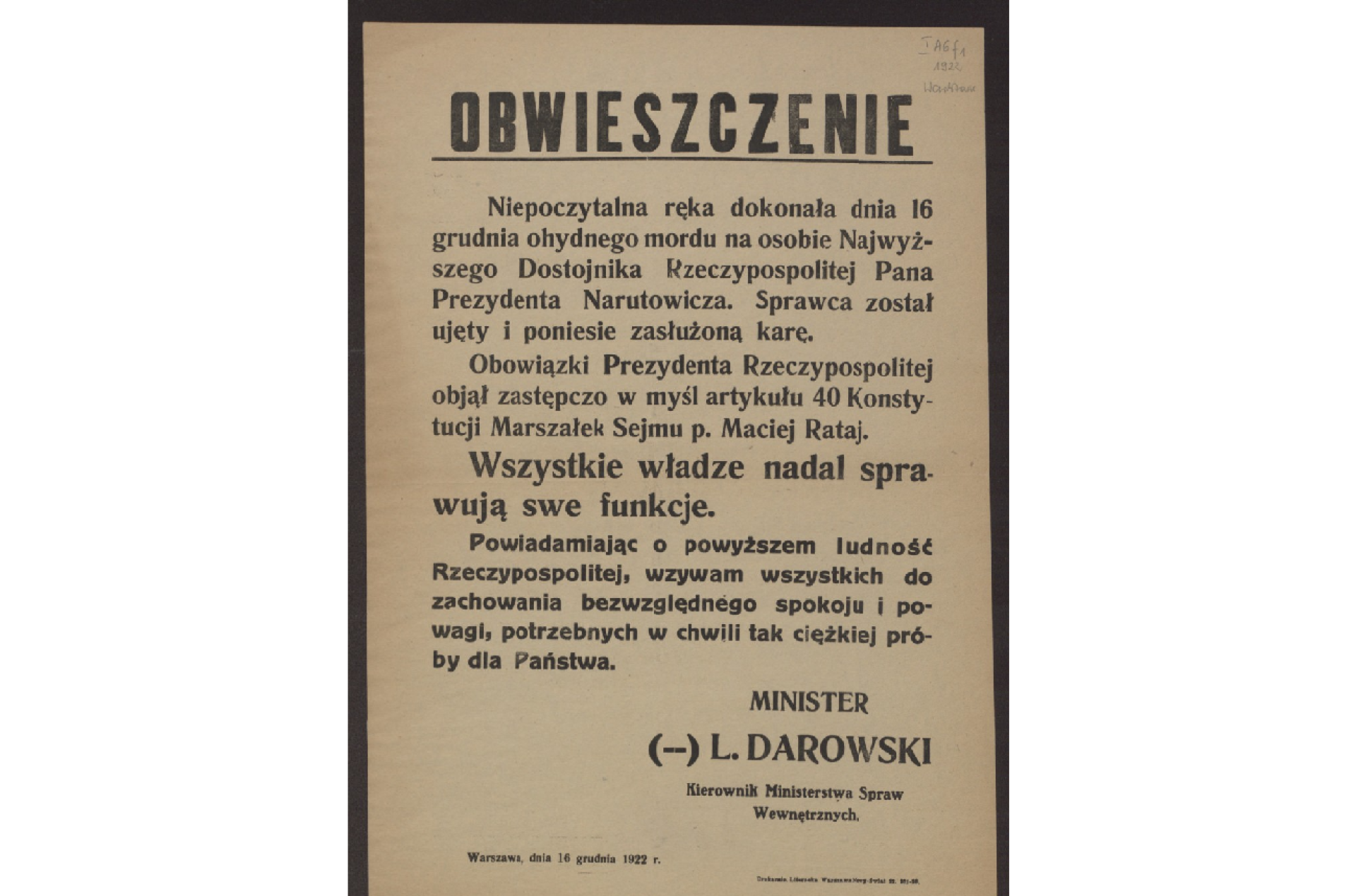 Druk obwieszczenia na pożółkłym papierze/