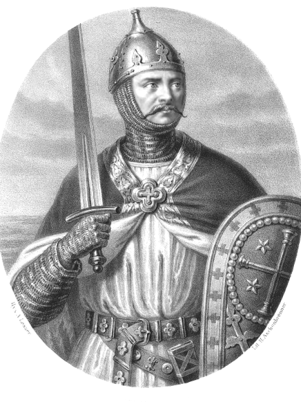 Mężczyzna z wąsami w pełnej zbroi rycerskiej, z mieczem i tarczą.