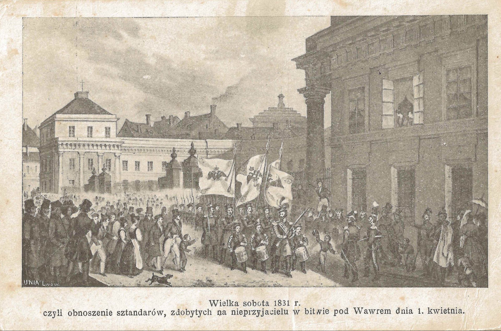 Pocztówka przedstawiająca defiladę wojskową ze sztandarami.
