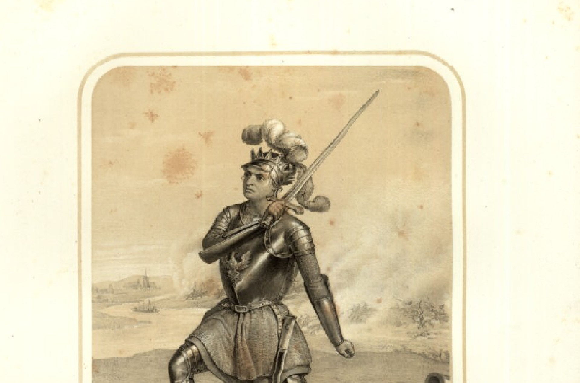 Młody rycerz, w zbroi, z hełmem z pióropuszem, ze wzniesionym mieczem.