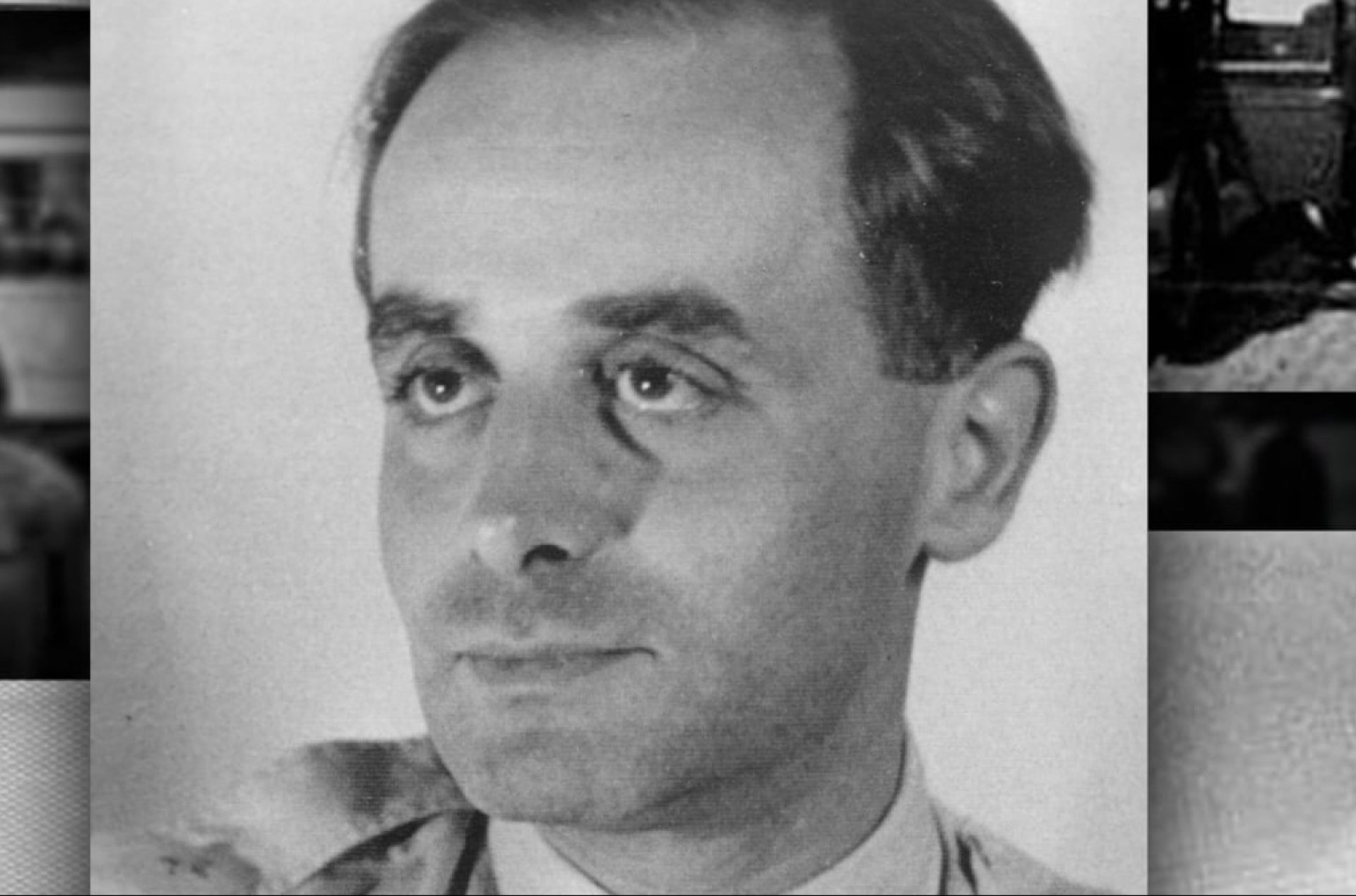 Mężczyzna z dużymi oczami i zaczesanymi do tyłu ciemnymi włosami.