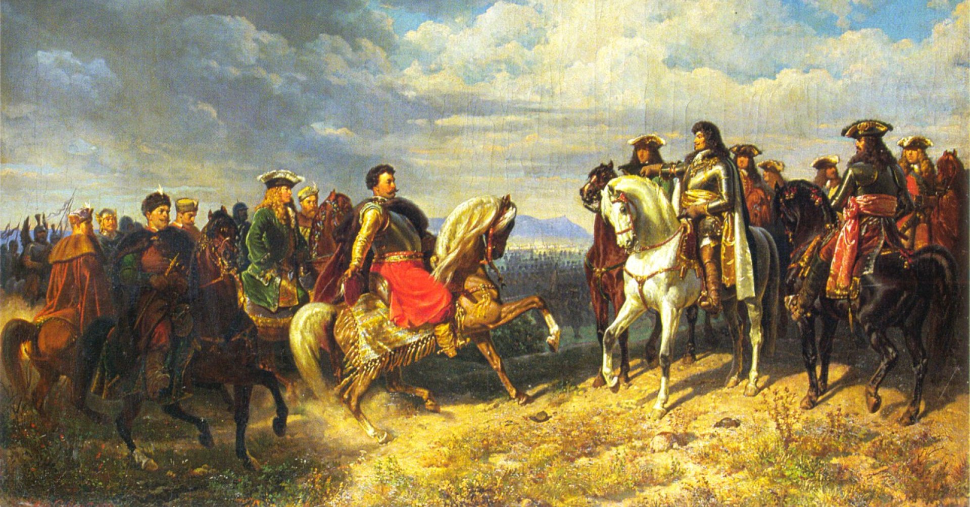 Obraz przedstawia dwóch jeźdźców na koniach: cesarza Leopolda po prawej i Jana III Sobieskiego po lewej. Każdy z monarchów jest w otoczeniu swojej świty, również na koniach.  Spotkanie odbywa się w polu. W górze widać zachmurzone niebo.  