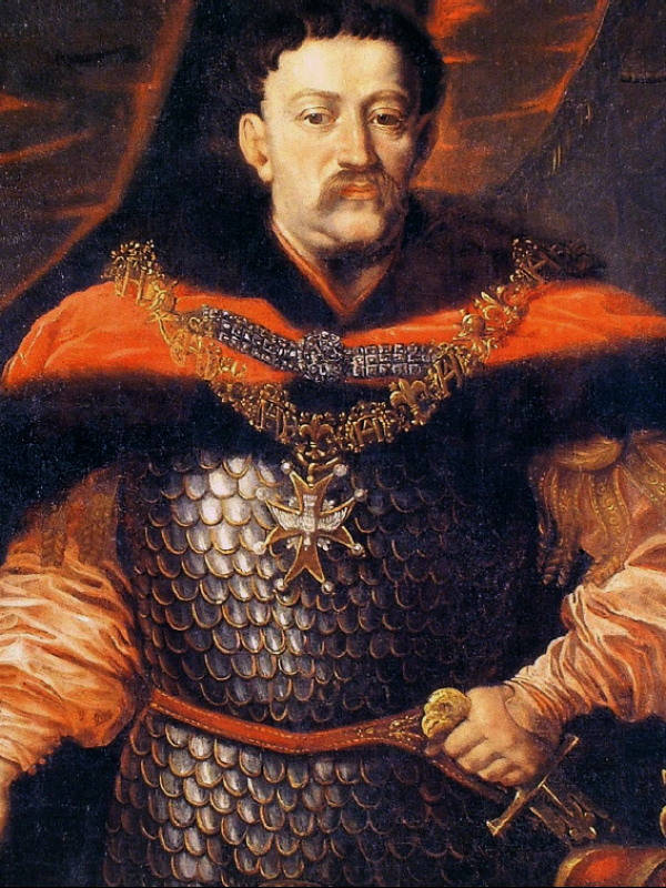 Obraz przedstawia Jana III Sobieskiego w koszuli z bufiastymi rękawami, w pancerzu i czerwonym płaszczu. Król w lewej ręcy trzyma rękojeść szabli. Na piersi ma order. 