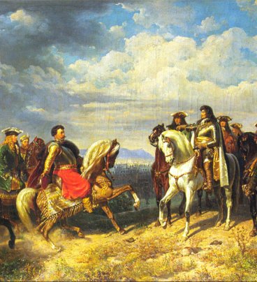 Obraz przedstawia dwóch jeźdźców na koniach: cesarza Leopolda po prawej i Jana III Sobieskiego po lewej. Każdy z monarchów jest w otoczeniu swojej świty, również na koniach.  Spotkanie odbywa się w polu. W górze widać zachmurzone niebo.  