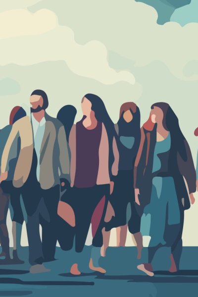 Grafika. Grupa dorosłych osób w ruchu. Rozglądają się wokół. Twarze niewyraźne, część odwrócona tyłem. W tle błękitne i białe obłoki.