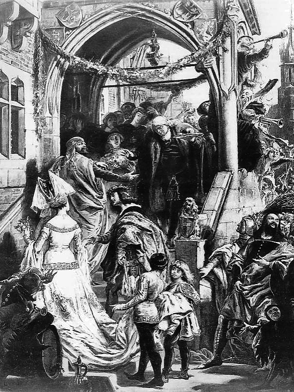 Rysunek przedstawia parę królewską i innych dostojnych gości wchodzących po schodach do kamienicy z ozdobnym gankiem.