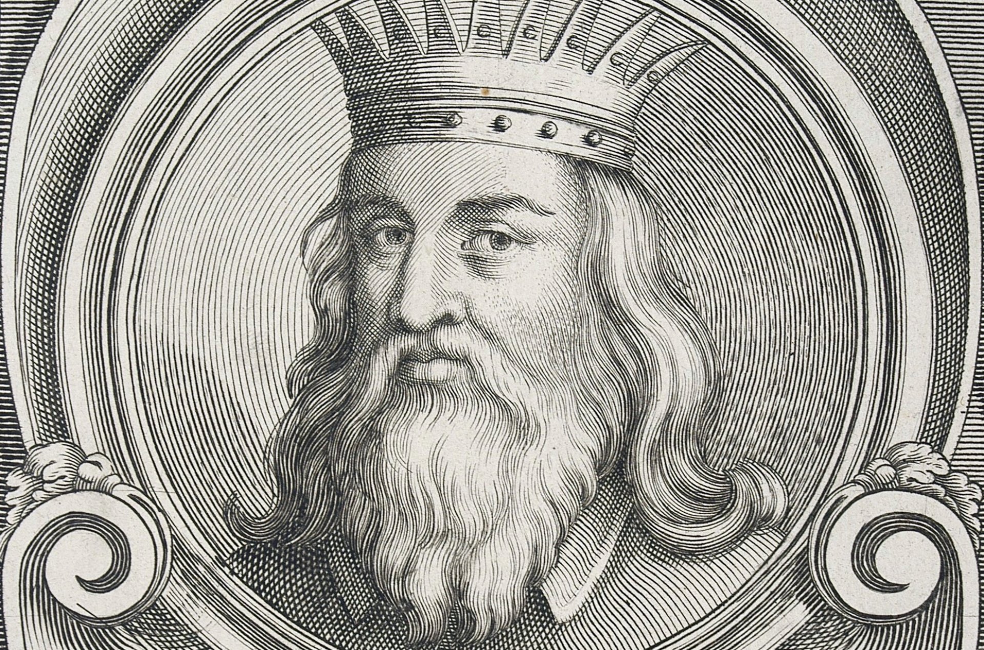 Portret króla z długimi włosami i długą brodą