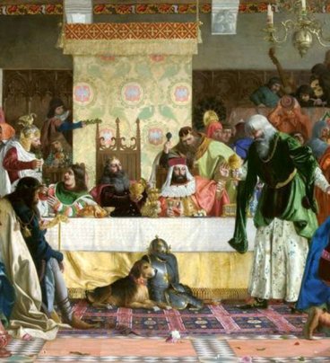 Obraz przedstawia kolorowo ubranych gości ucztujących w pięknej izbie. W centrum stół nakryty złoto-białym obrusem, przy którym siedzi trzech monarchów.  