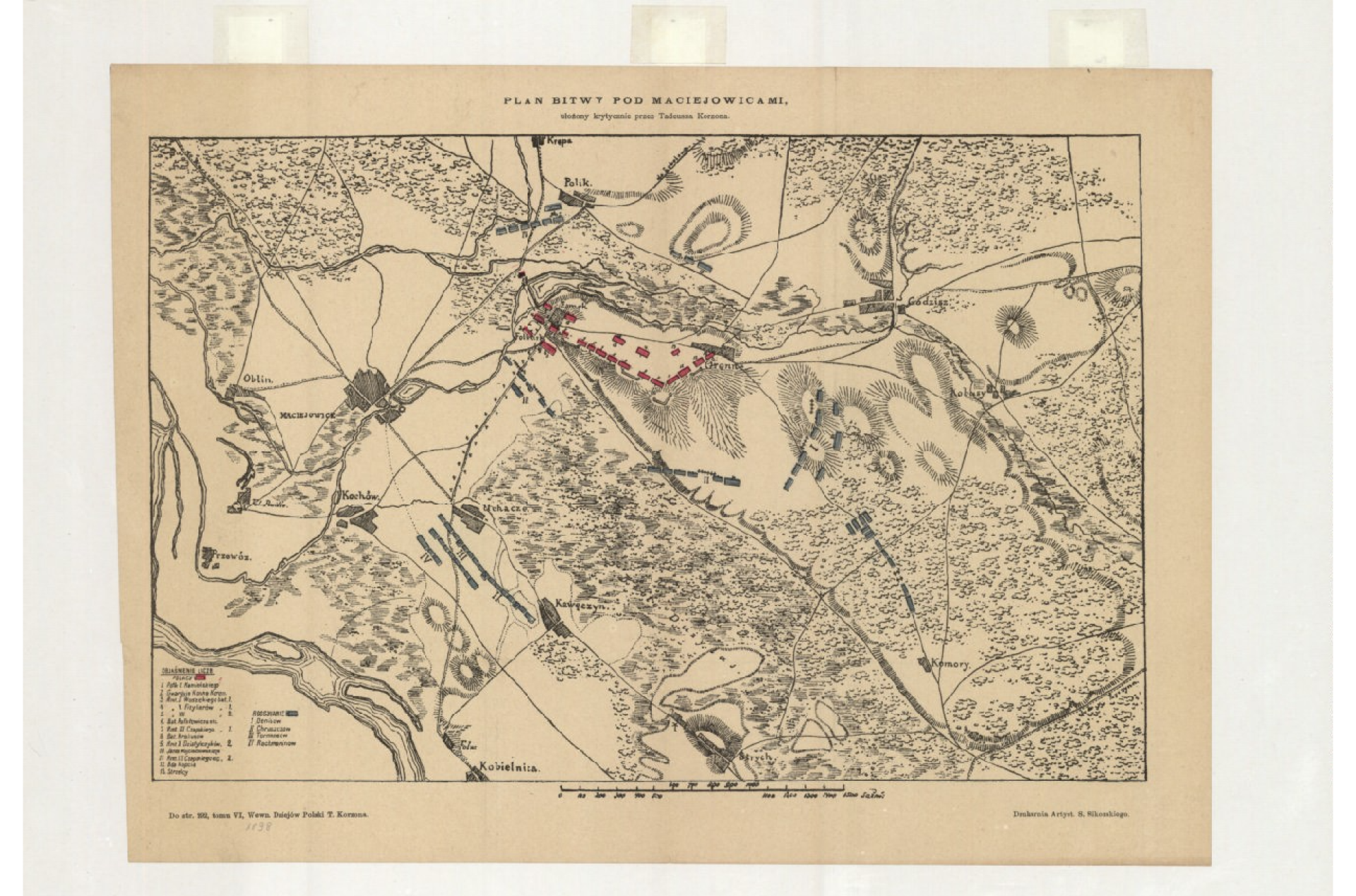 Pożółkła mapa z zaznaczonym na czerwono pozycjami wojsk