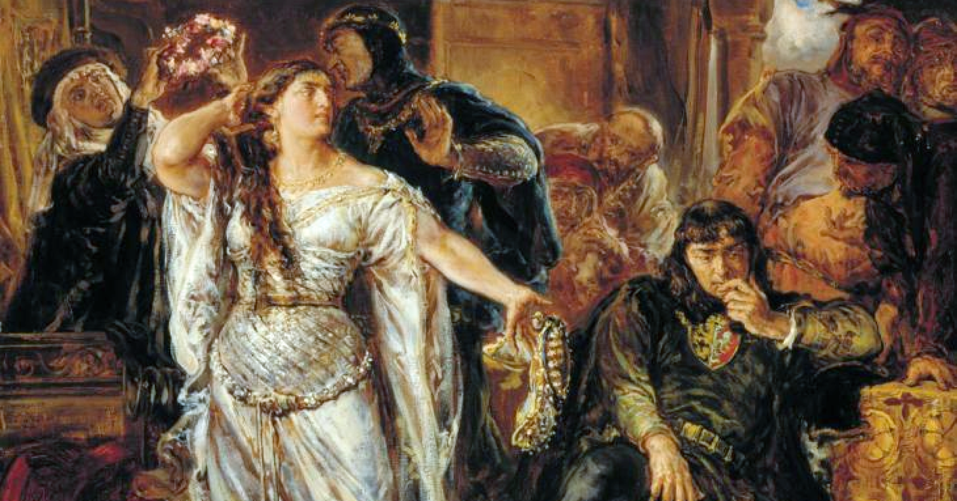 Obraz przedstawia stojącą, wzburzoną Gryfinę z ręką oskarżycielsko wskazującą na Leszka, który siedzi zasmucony na krześle.  Na drugim planie kilka dyskutujących postaci.